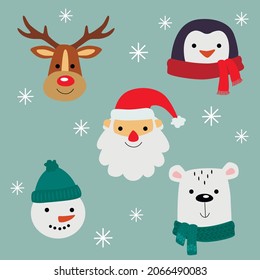 Set of cute cartoon traditional Christmas characters. Winter Holidays, Christmas and New Year Design