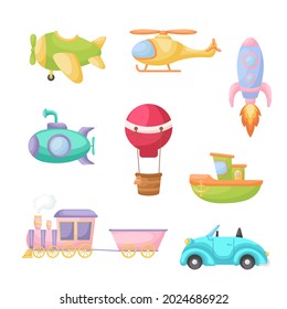 Set of cute cartoon transport. Collection of vehicles for design of childrens book, album, baby shower, greeting card, party invitation, house interior. Bright colored childish vector illustration.