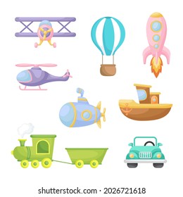 Set of cute cartoon transport. Collection of vehicles for design of kids rooms, clothing, album, card, baby shower, birthday invitation, house interior. Bright colored childish vector illustration.
