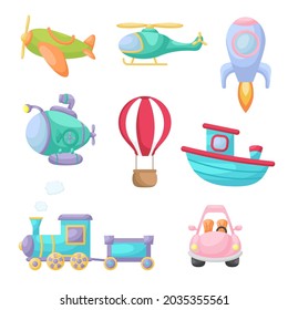 Set of cute cartoon transport. Collection of vehicles for design of kids rooms, clothing, album, card, baby shower, birthday invitation, house interior. Bright colored childish vector illustration.