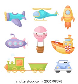 Set of cute cartoon transport. Collection of vehicles for design of childrens book, album, baby shower, greeting card, party invitation, house interior. Bright colored childish vector illustration.