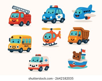 Set of cute cartoon transport vehicles for kids. Fire truck, police car, school bus, dump truck, ambulance, airplane, helicopter, and boat. Flat vector illustration.