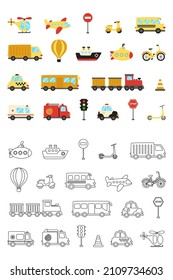 Set of cute cartoon transportation means. Collection of colorful and black and white vector illustrations.