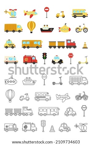 Set of cute cartoon transportation means. Collection of colorful and black and white vector illustrations.