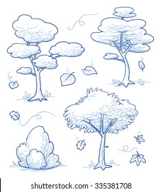 Set of cute cartoon trees, bush, forest with falling autumn leaves. Hand drawn doodle vector illustration.