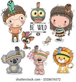 Set of Cute Cartoon tribal girl and boy and animals