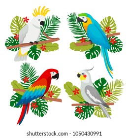 set of cute cartoon tropical birds. illustration of cartoon cockatoo, toucans and parrot with tropical leaves. can be used like stickers or other designs