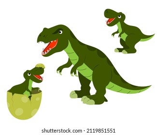 A set of cute cartoon tyrannosaurus dinosaurs, a baby in an egg and an adult dinosaur. vector isolated on a white background.