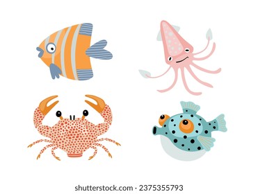 Set of cute cartoon underwater animals. Vector illustration isolated on white background.