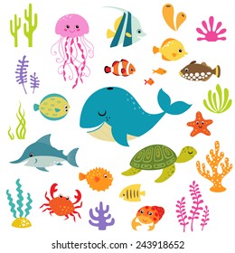 Set of cute cartoon underwater elements for your sea design.