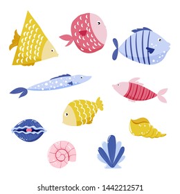 Set with cute cartoon underwater sea and ocean animals, fishes, creautures, shells. Vector illustration for children.