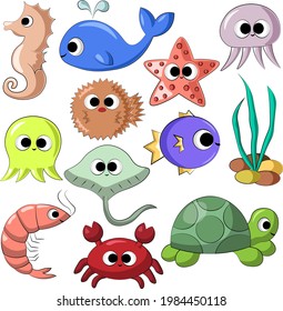 Set with cute cartoon underwaters animals in color