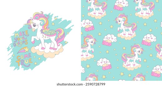 Set with cute cartoon unicorn and background. Isolated character and seamless pattern. Vector illustration. For party, print, baby shower, wallpaper, design, design cushion, linen, dishes and clothes