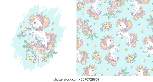 Set with cute cartoon unicorn and background. Isolated character and seamless pattern. Vector illustration. For party, print, baby shower, wallpaper, design, design cushion, linen, dishes and clothes