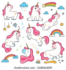 Set of cute cartoon unicorn doodle element