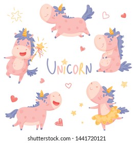 Set of cute cartoon unicorn with had draw lettering. Graphic element for print, postcard and poster. Vector illustration