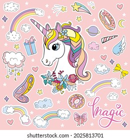 Set of cute cartoon unicorn head and doodle magic elements. Vector isolated illustration. For sticker pack, print, posters, design, decor, linen, dishes, t-shirt and kids apparel