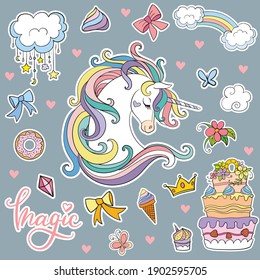 Set of cute cartoon unicorn with magic elements. Vector isolated illustration. For postcard, posters, nursery design, greeting card, stickers, room decor, nursery t-shirt, kids apparel,invitation,book