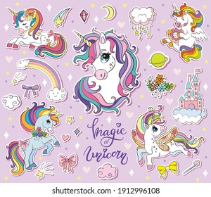 Set of cute cartoon unicorn with magic elements. Vector isolated illustration.For postcard, posters, nursery design, greeting card, stickers, room decor, nursery t-shirt, kids apparel, invitation,book