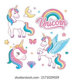 Set of cute cartoon unicorn with magic elements