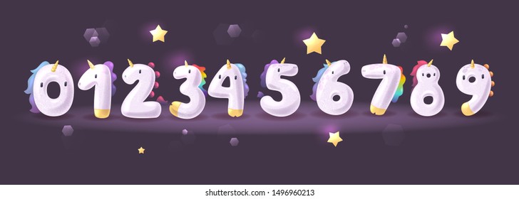 Set of Cute Cartoon Unicorn Numbers on 
a dark background. Magic childish handcrafted typeface for friendly text. Сollection of horses for invitation card for fairy party