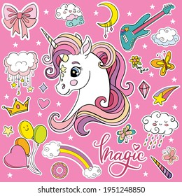 Set of cute cartoon unicorn portrait and magic elements. Vector isolated illustration. For party, print, baby shower, stickers, card, posters, design, decor, linen, dishes, t-shirt and kids apparel