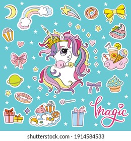 Set of cute cartoon unicorn with sweets and party elements. Vector isolated illustration. For postcard, posters, nursery design, greeting card, stickers, room decor, t-shirt, kids apparel, invitation