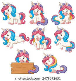 Set of Cute Cartoon Unicorns. Animal Nature Icon Concept Isolated Premium Vector. Vector Illustration