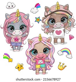 Set of Cute Cartoon Unicorns in clothes and with long hair