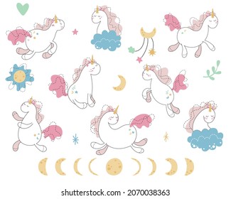 Set of cute cartoon unicorns with clouds, moon phases, stars. Vector illustration isolated on a white background. For sticker, embroidery, design, decoration, print, t-shirt, dishes, children textile.