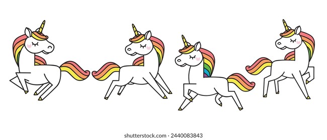 Set of Cute Cartoon Unicorns in  different poses.Vector illustration.