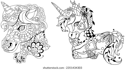 Set of cute cartoon unicorns. Fantastic animal. Black and white, linear, image. For the design of prints, posters, stickers, tattoos.