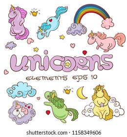 Set of Cute Cartoon Unicorns isolated on a white background
