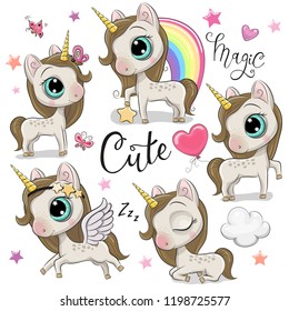 Set of Cute Cartoon Unicorns isolated on a white background