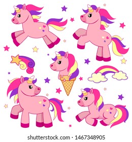 Conjunto de lindos unicornios de dibujos animados aislados sobre fondo blanco