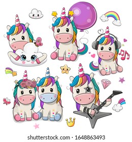 Set of Cute Cartoon Unicorns isolated on a white background