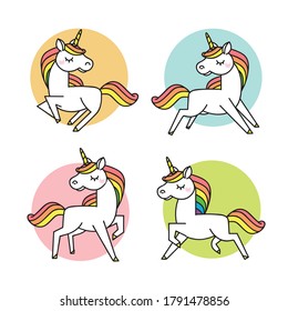 Set of Cute Cartoon Unicorns isolated on a white background. Vector illustration