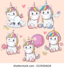 Set of Cute Cartoon Unicorns isolated on a white background