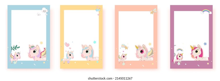 Set of cute cartoon unicorns isolated on white background.