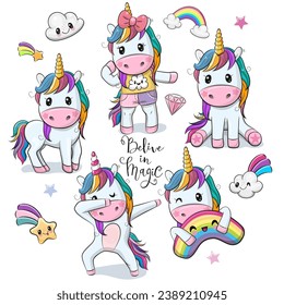 Set of Cute Cartoon Unicorns isolated on a white background