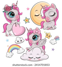 Set of Cute Cartoon Unicorns isolated on a white background