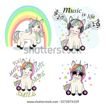Set of Cute Cartoon Unicorns isolated on a white background