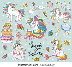 Set of cute cartoon unicorns with magic elements. Vector illustration isolated on a turquoise background. Birthday, party concept. For sticker, embroidery, design, decoration, print, t-shirt, dishes