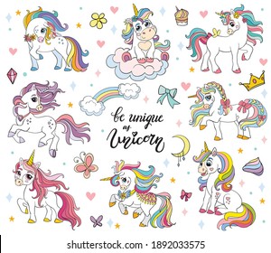 Set of cute cartoon unicorns with magic elements. Vector illustration isolated on a white background. Birthday, party concept. For sticker, embroidery, design, decoration, print, t-shirt, dishes