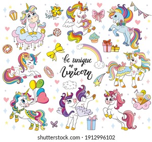 Set of cute cartoon unicorns with magic elements. Vector isolated illustration. For postcard, posters, nursery design, greeting card, stickers, room decor, nursery t-shirt,kids apparel, invitation,boo