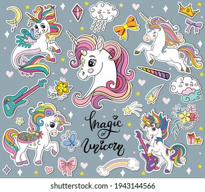 Set of cute cartoon unicorns and magic elements. Vector isolated illustration. For party, print, baby shower, postcard, posters, design, decor, linen, dishes, t-shirt and kids apparel, stickers