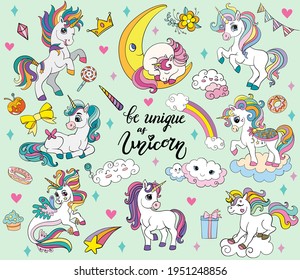 Set of cute cartoon unicorns and magic elements on green background. Vector isolated illustration for party, print, baby shower, sticker,card,posters, design, decor, linen, dishes, t-shirt and apparel