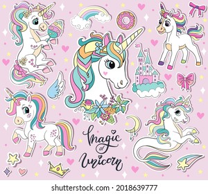 Set of cute cartoon unicorns and magic elements. Vector isolated illustration. For sticker pack, print, posters, design, decor, linen, dishes, t-shirt and kids apparel