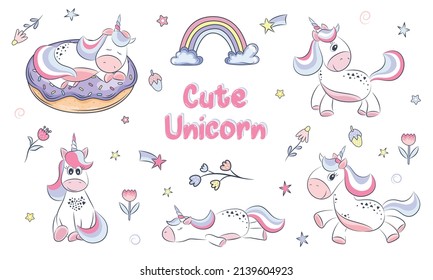 Set of cute cartoon unicorns with magic elements. Vector illustration isolated on a white background. Birthday, party concept. For sticker, embroidery, design, decoration, print, t-shirt, dishes