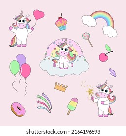 Set of cute cartoon unicorns with magic elements. Vector isolated illustration.